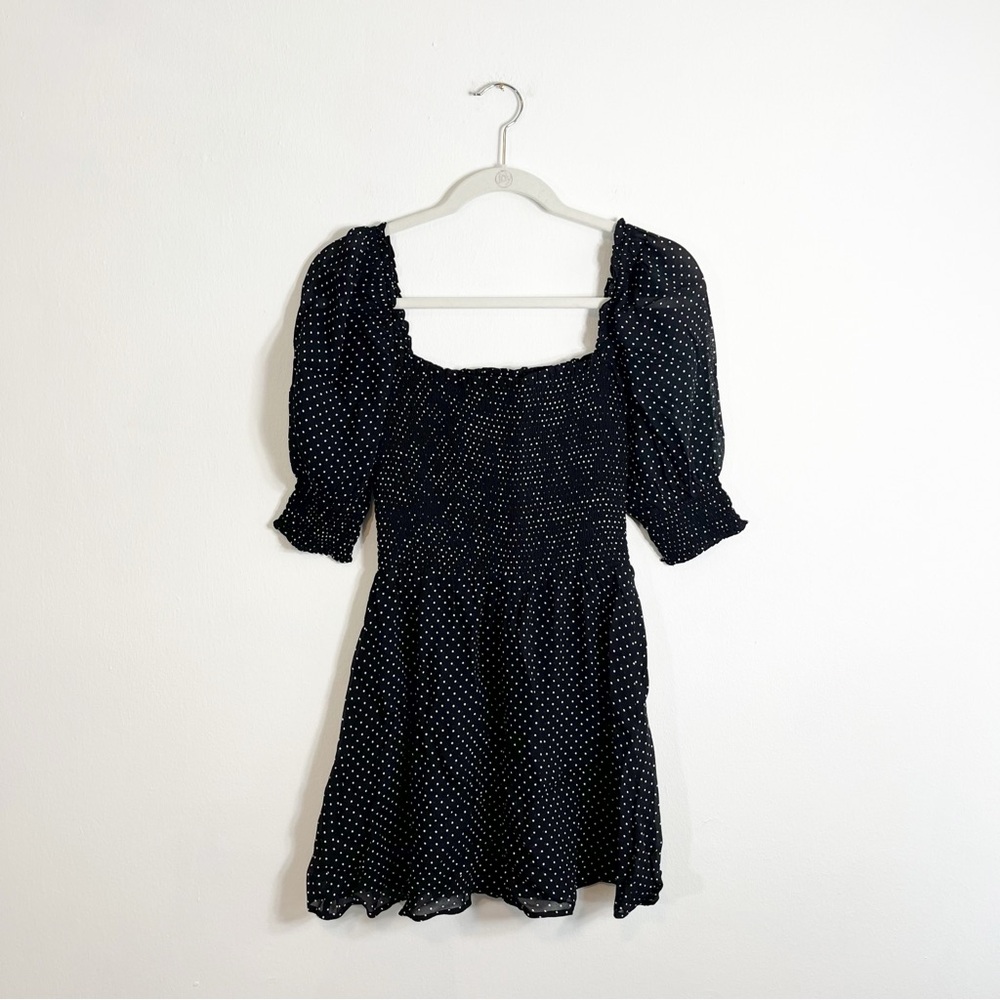 Reformation Elle Black White Polka Dot Puff Sleeve Smocked Mini Dress Size 6 - Picture 5 of 7